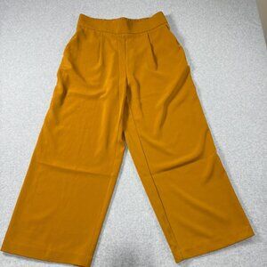 Gold Wide-Leg Pleated Pants Womens Elastic Waist S Polyester Spandex Blend Comfo